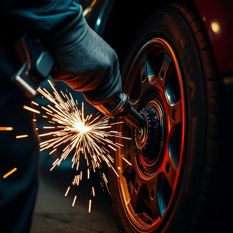 Mechanic using impact wrench on tire
